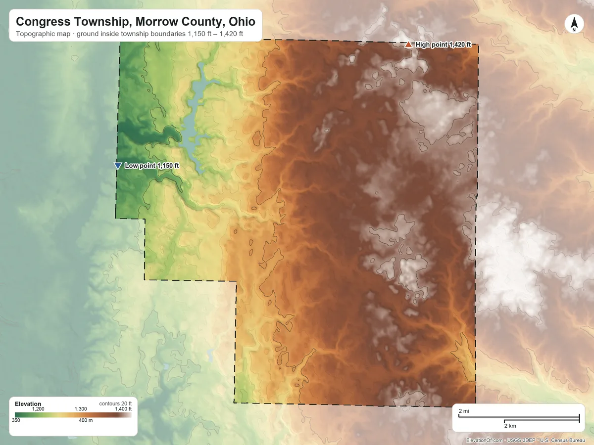 Topographic elevation map of Congress Township, Morrow County, Ohio, shaded from 1,150 ft on the west side to 1,420 ft on the northeast side