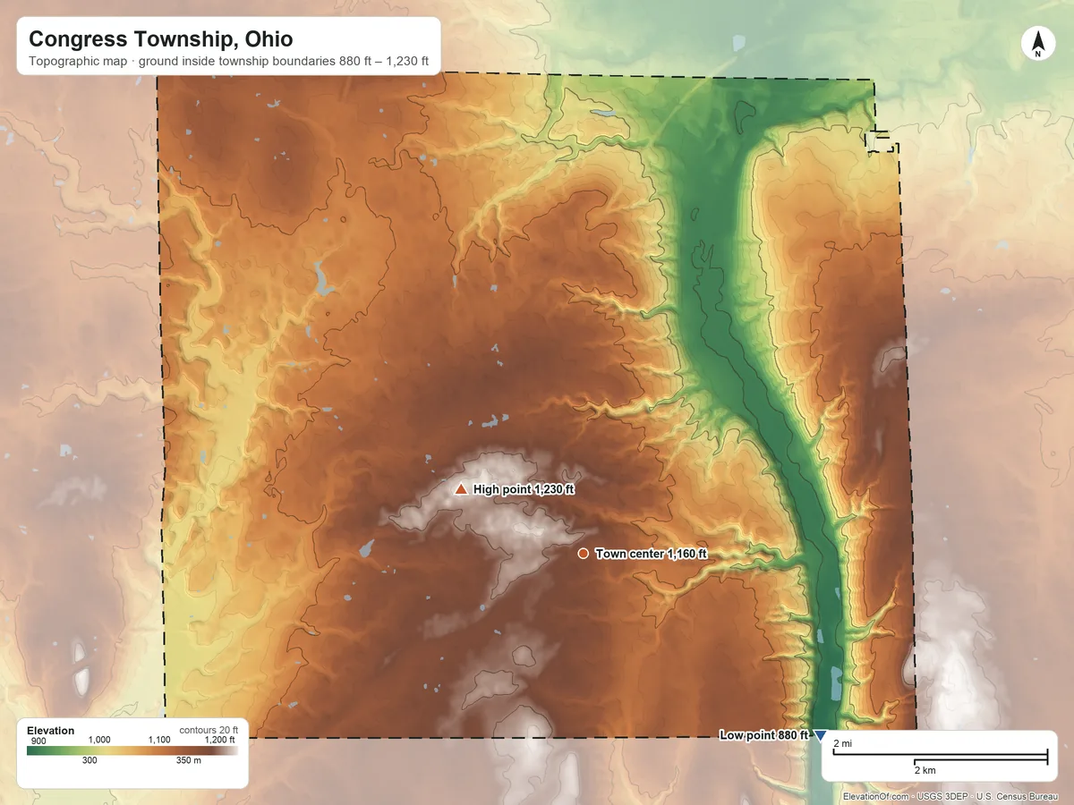 Topographic elevation map of Congress Township, Ohio, shaded from 880 ft on the southeast side to 1,230 ft on the northwest side