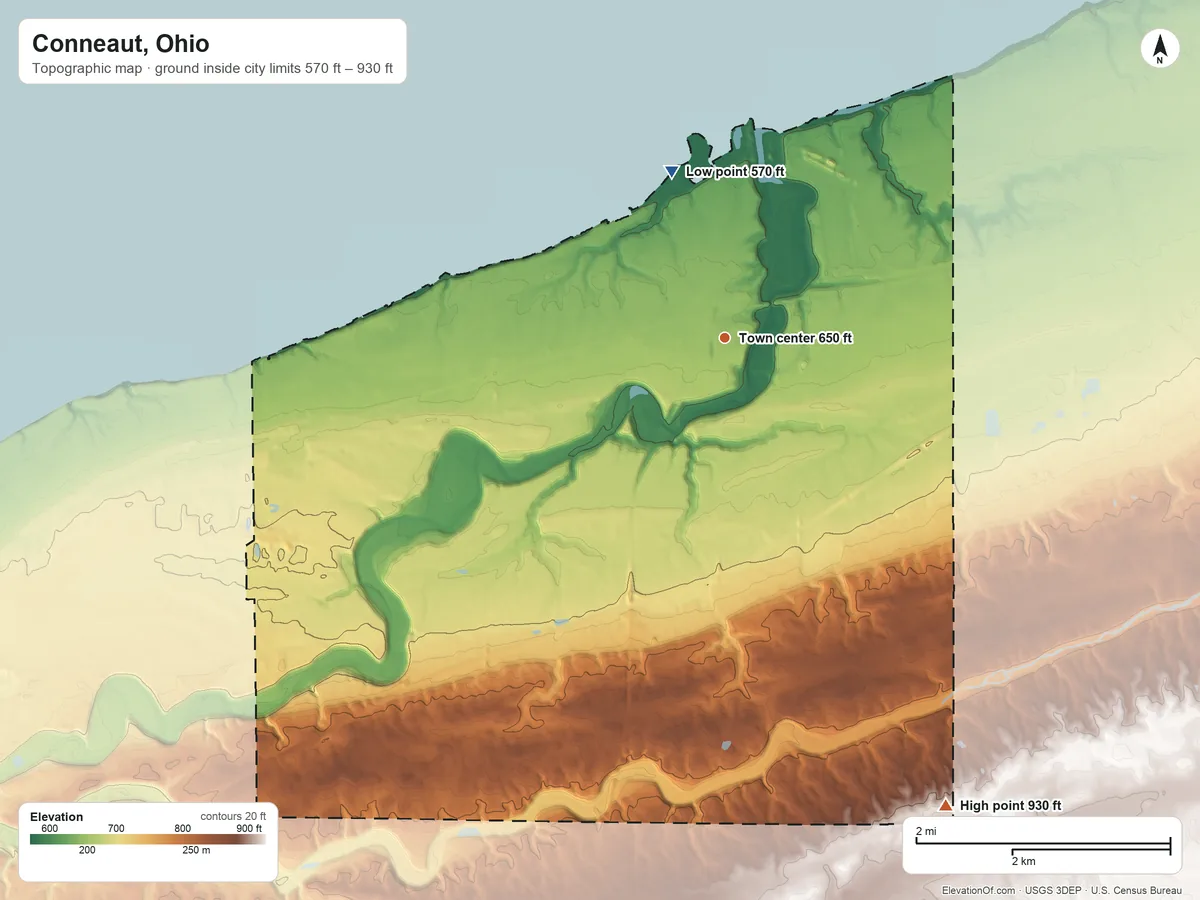 Topographic elevation map of Conneaut, Ohio, shaded from 570 ft on the north side to 930 ft on the southeast side