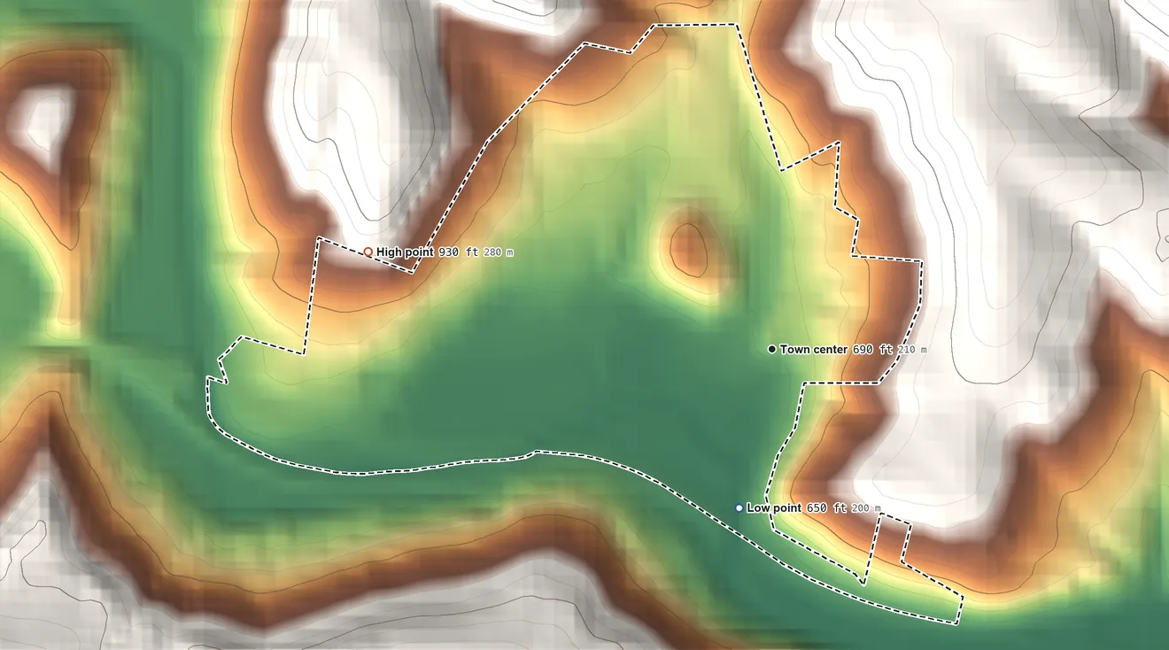 Topographic elevation map of Connorville, Ohio, shaded from 650 ft on the south side to 930 ft on the west edge, below higher ground just outside