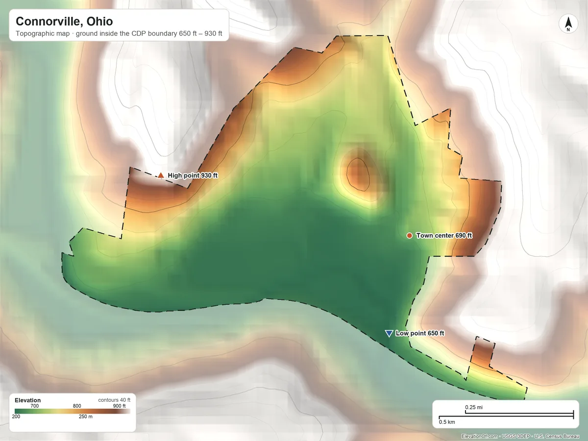 Topographic elevation map of Connorville, Ohio, shaded from 650 ft on the south side to 930 ft on the west edge, below higher ground just outside