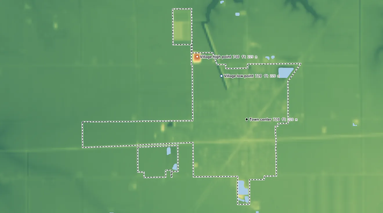 Topographic elevation map of Continental, Ohio, shaded from 720 ft on the northwest side to 740 ft on the northwest side