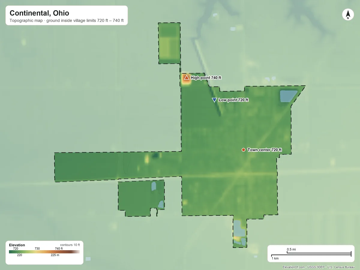Topographic elevation map of Continental, Ohio, shaded from 720 ft on the northwest side to 740 ft on the northwest side