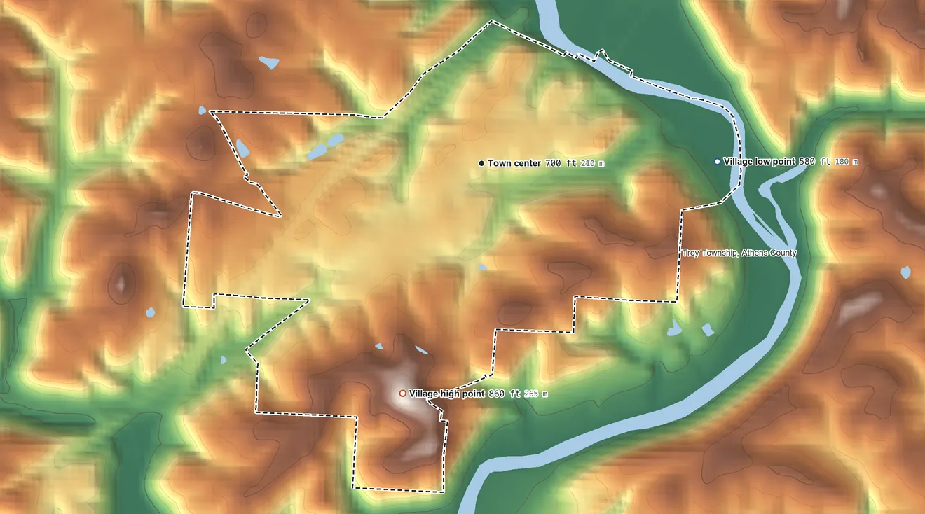 Topographic elevation map of Coolville, Ohio, shaded from 580 ft on the east side to 860 ft on the south side