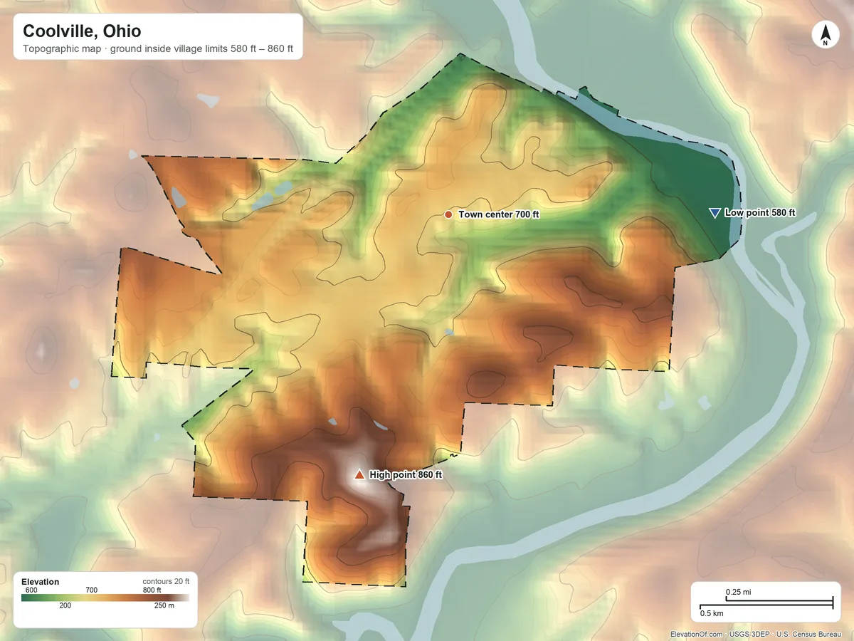 Topographic elevation map of Coolville, Ohio, shaded from 580 ft on the east side to 860 ft on the south side