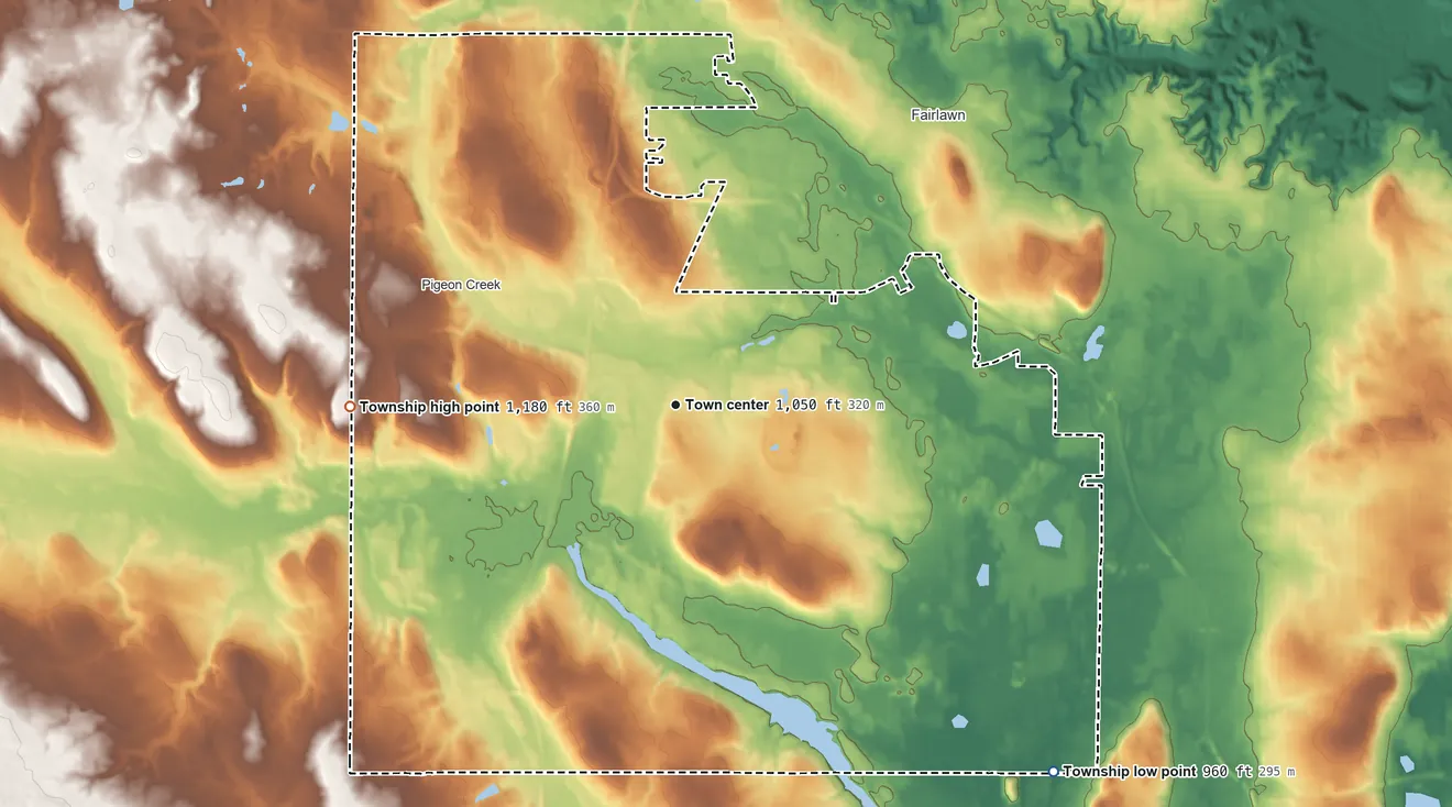 Topographic elevation map of Copley Township, Ohio, shaded from 960 ft on the southeast side to 1,180 ft on the west side