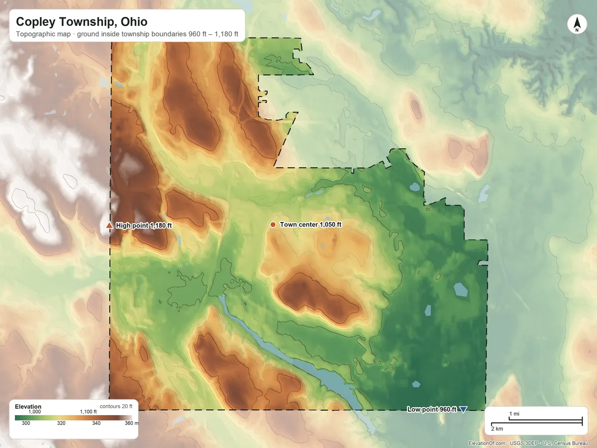 Topographic elevation map of Copley Township, Ohio, shaded from 960 ft on the southeast side to 1,180 ft on the west side