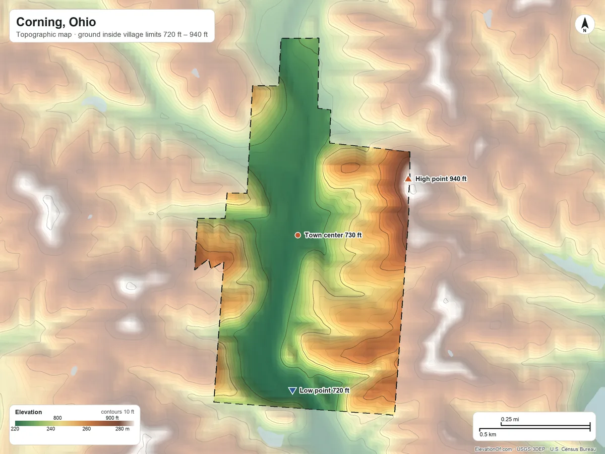 Topographic elevation map of Corning, Ohio, shaded from 720 ft on the south side to 940 ft on the northeast side