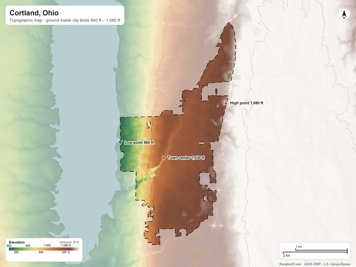 Topographic elevation map of Cortland, Ohio, shaded from 900 ft on the west side to 1,080 ft on the northeast side