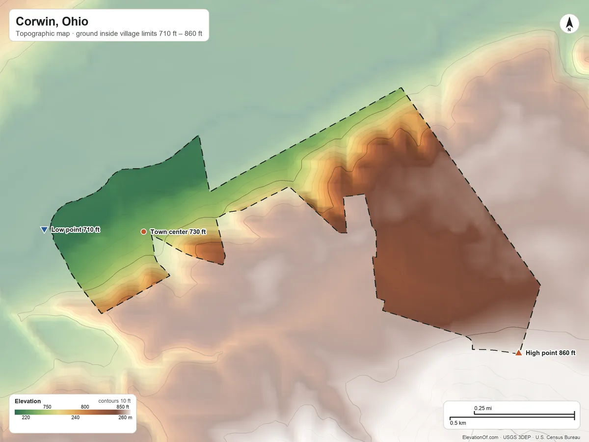 Topographic elevation map of Corwin, Ohio, shaded from 710 ft on the west side to 860 ft on the east side