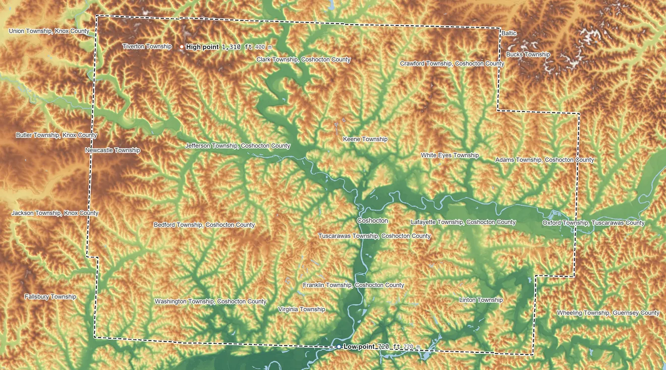 Topographic elevation map of Coshocton County, Ohio, shaded from 720 ft on the south side to 1,310 ft on the northwest side