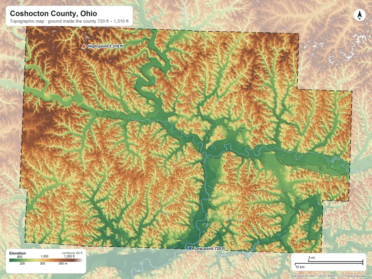 Topographic elevation map of Coshocton County, Ohio, shaded from 720 ft on the south side to 1,310 ft on the northwest side