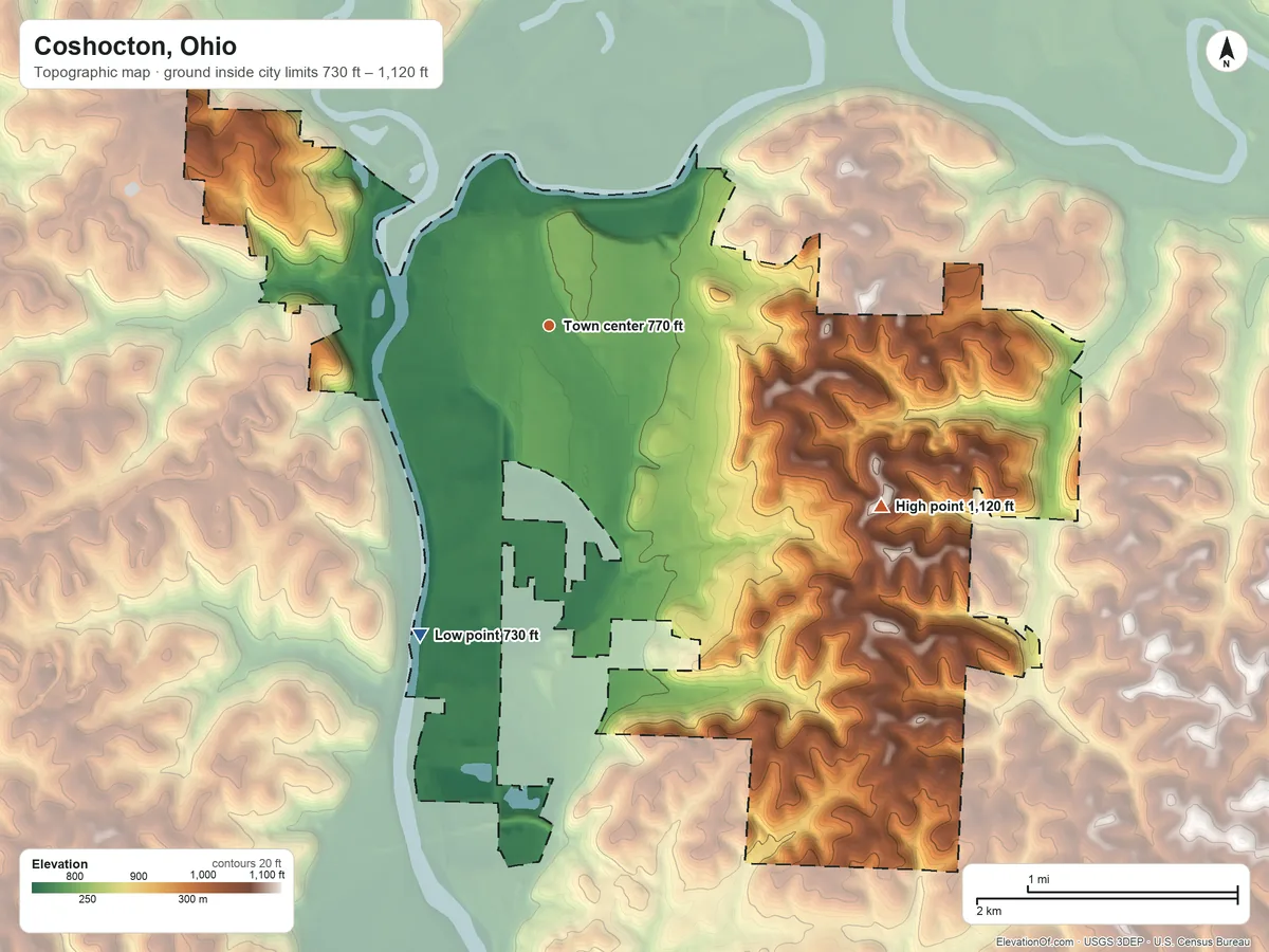 Topographic elevation map of Coshocton, Ohio, shaded from 730 ft on the southwest side to 1,120 ft on the southeast side