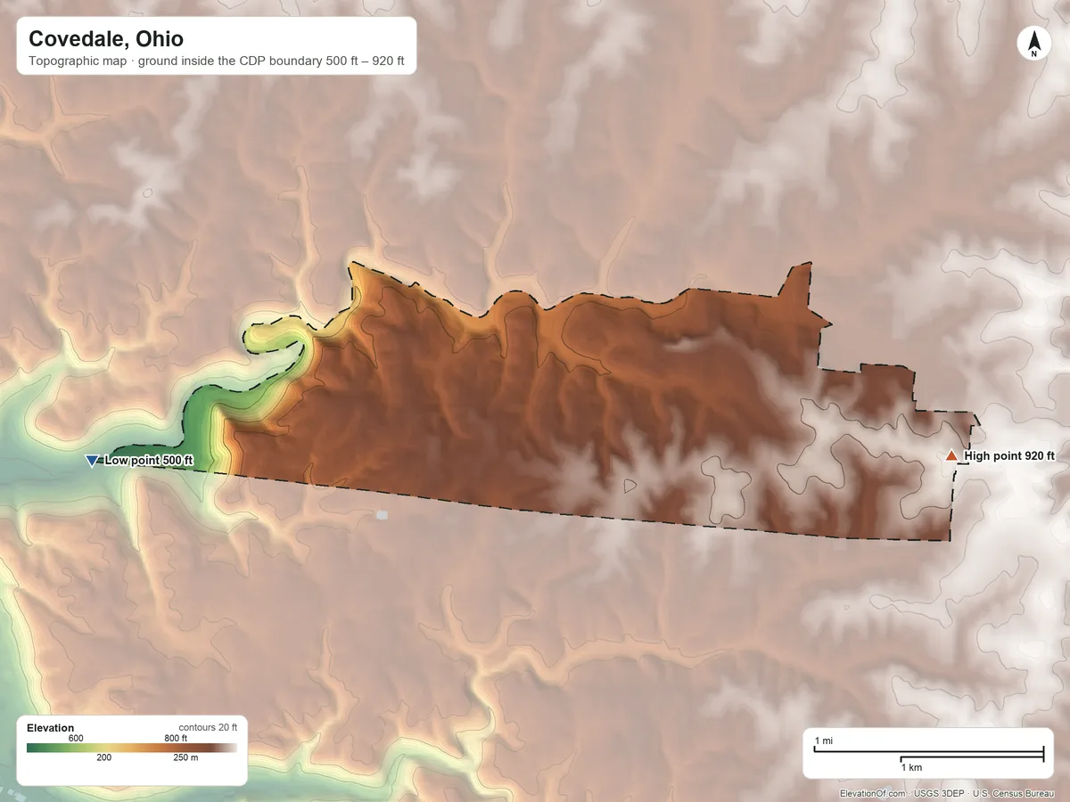 Topographic elevation map of Covedale, Ohio, shaded from 500 ft on the west side to 920 ft on the east side