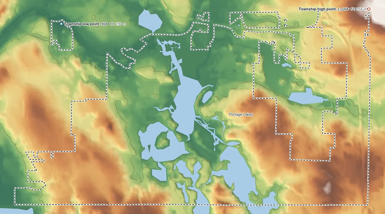 Topographic elevation map of Coventry Township, Ohio, shaded from 960 ft on the northwest side to 1,160 ft on the northeast side