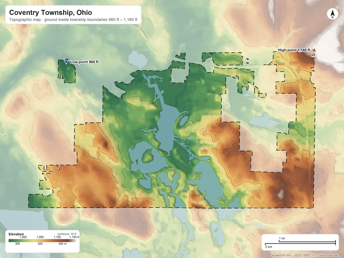 Topographic elevation map of Coventry Township, Ohio, shaded from 960 ft on the northwest side to 1,160 ft on the northeast side