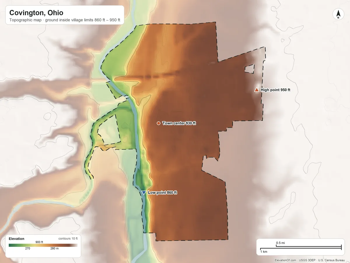 Topographic elevation map of Covington, Ohio, shaded from 860 ft on the south side to 950 ft on the east side