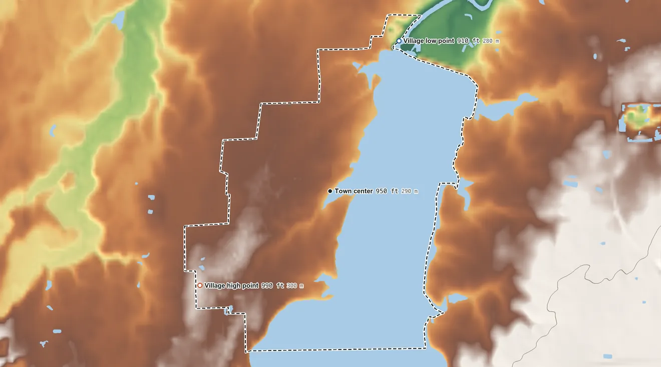 Topographic elevation map of Craig Beach, Ohio, shaded from 910 ft on the northeast side to 990 ft on the southwest side
