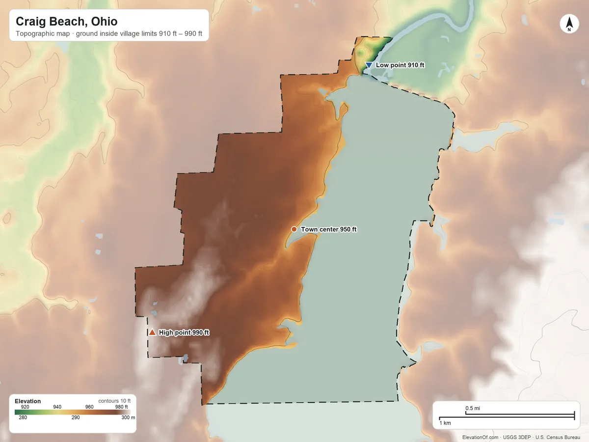 Topographic elevation map of Craig Beach, Ohio, shaded from 910 ft on the northeast side to 990 ft on the southwest side