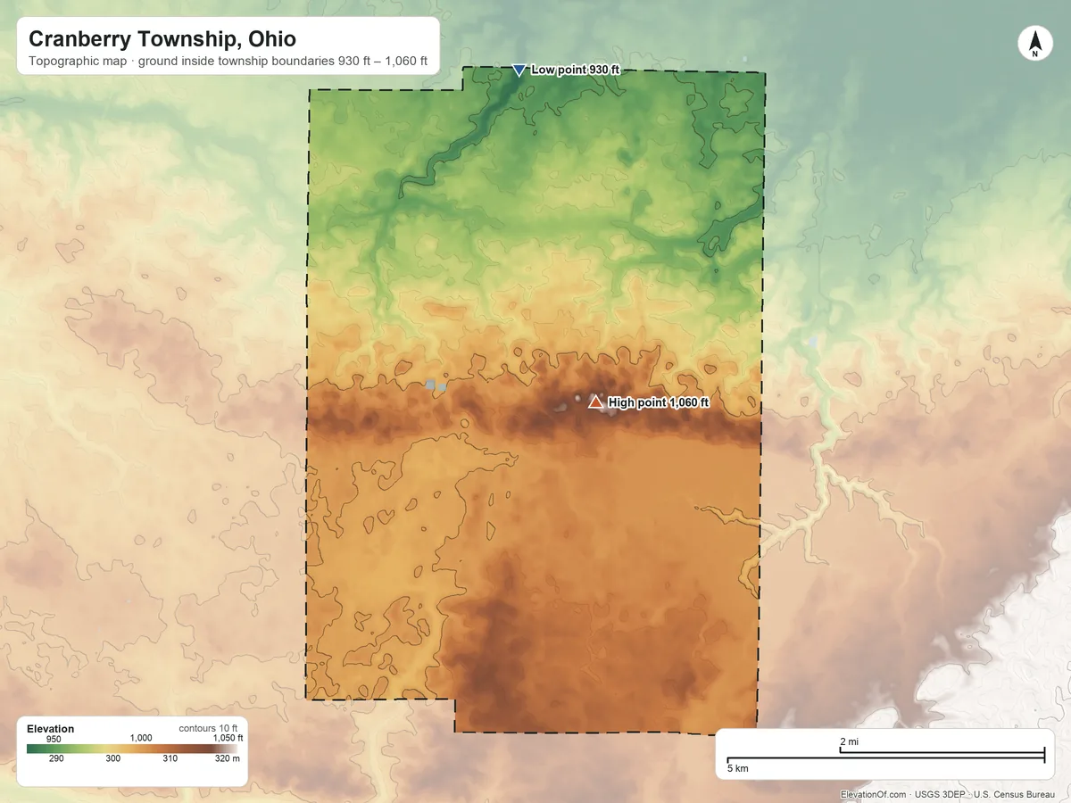 Topographic elevation map of Cranberry Township, Ohio, shaded from 930 ft on the north side to 1,060 ft on the southeast side