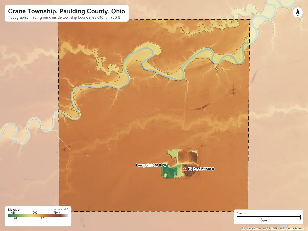 Topographic elevation map of Crane Township, Paulding County, Ohio, shaded from 640 ft on the south side to 780 ft on the southeast side
