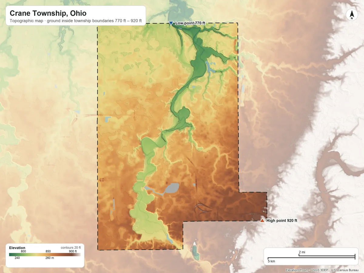 Topographic elevation map of Crane Township, Ohio, shaded from 770 ft on the north side to 920 ft on the southeast side
