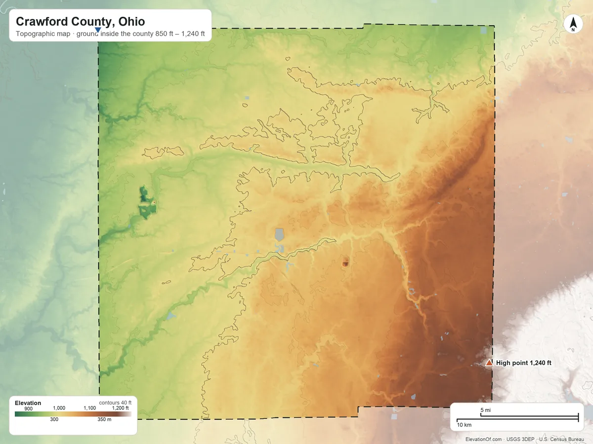 Topographic elevation map of Crawford County, Ohio, shaded from 850 ft on the northwest side to 1,240 ft on the southeast side