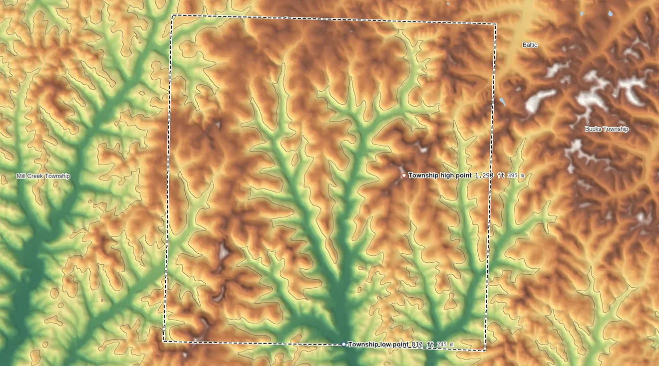 Topographic elevation map of Crawford Township, Coshocton County, Ohio, shaded from 810 ft on the south side to 1,290 ft on the east side