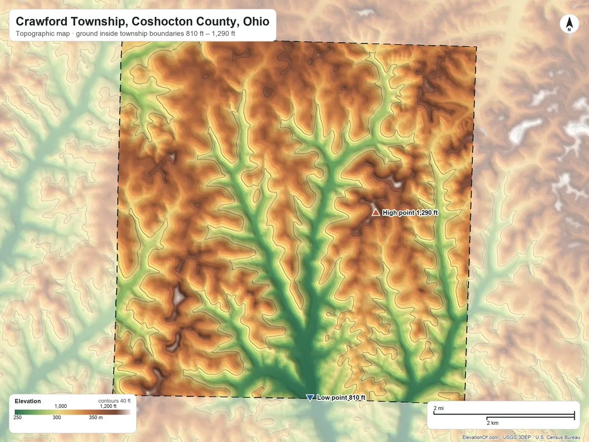 Topographic elevation map of Crawford Township, Coshocton County, Ohio, shaded from 810 ft on the south side to 1,290 ft on the east side
