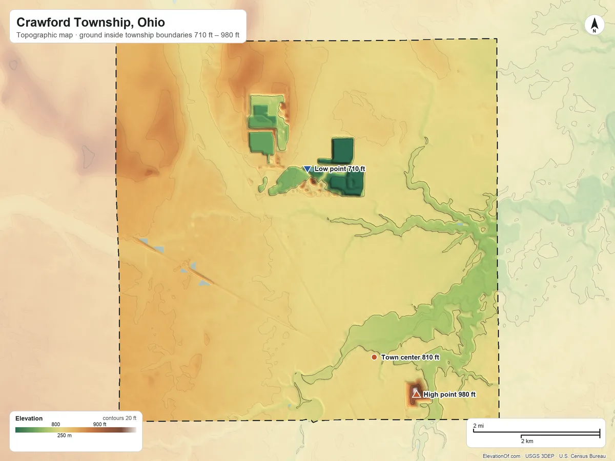 Topographic elevation map of Crawford Township, Ohio, shaded from 710 ft on the north side to 980 ft on the southeast side