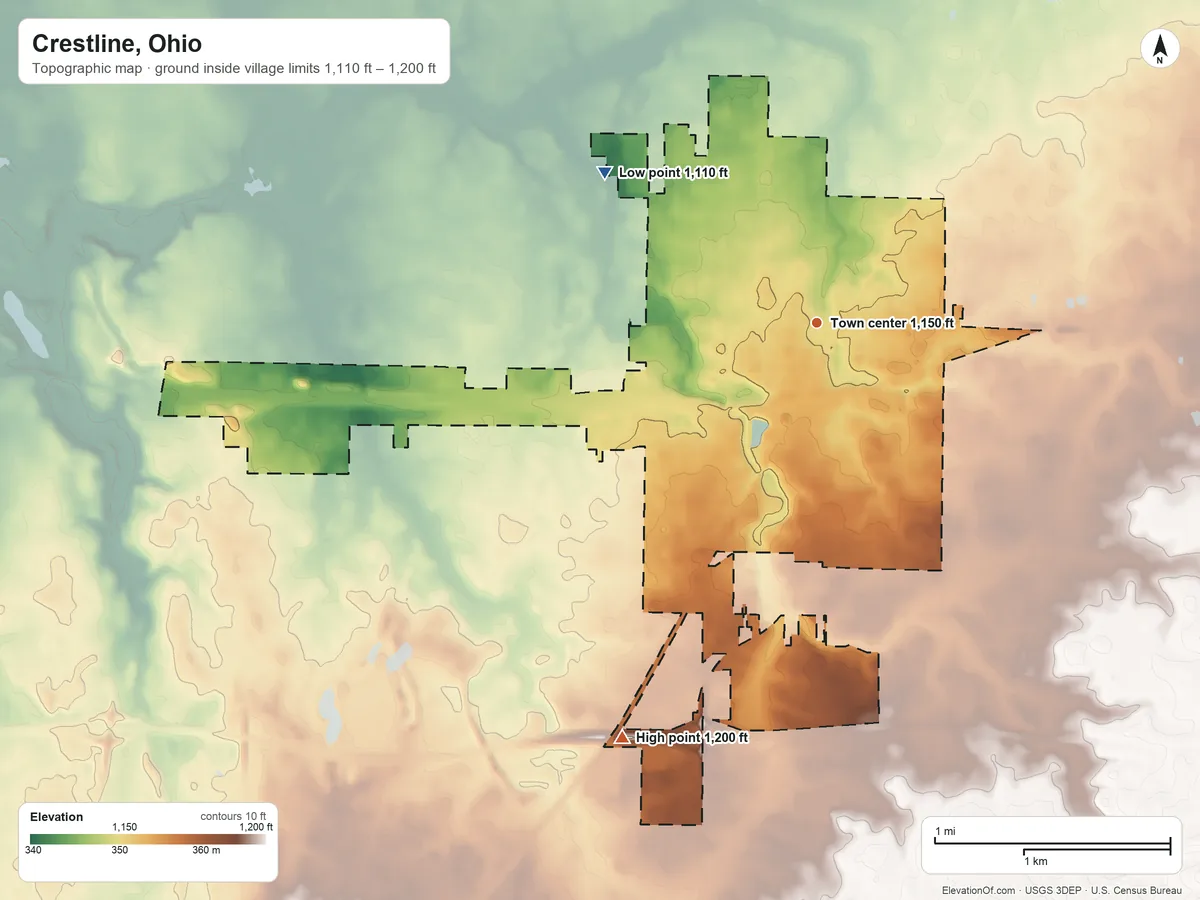 Topographic elevation map of Crestline, Ohio, shaded from 1,110 ft on the northwest side to 1,200 ft on the southwest side