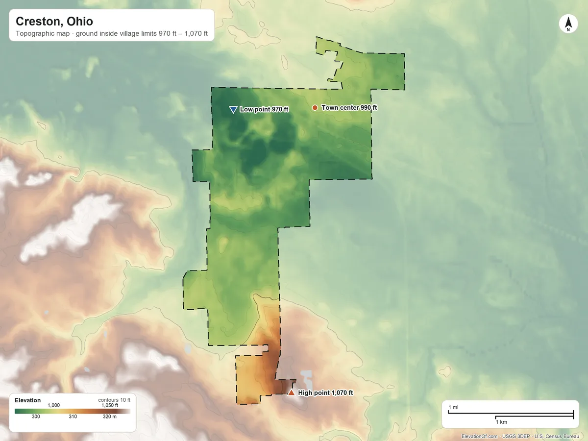 Topographic elevation map of Creston, Ohio, shaded from 970 ft on the west side to 1,070 ft on the south side