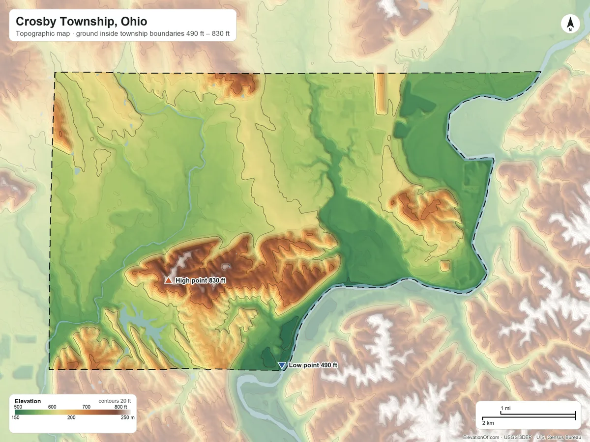 Topographic elevation map of Crosby Township, Ohio, shaded from 490 ft on the south side to 830 ft on the southwest side