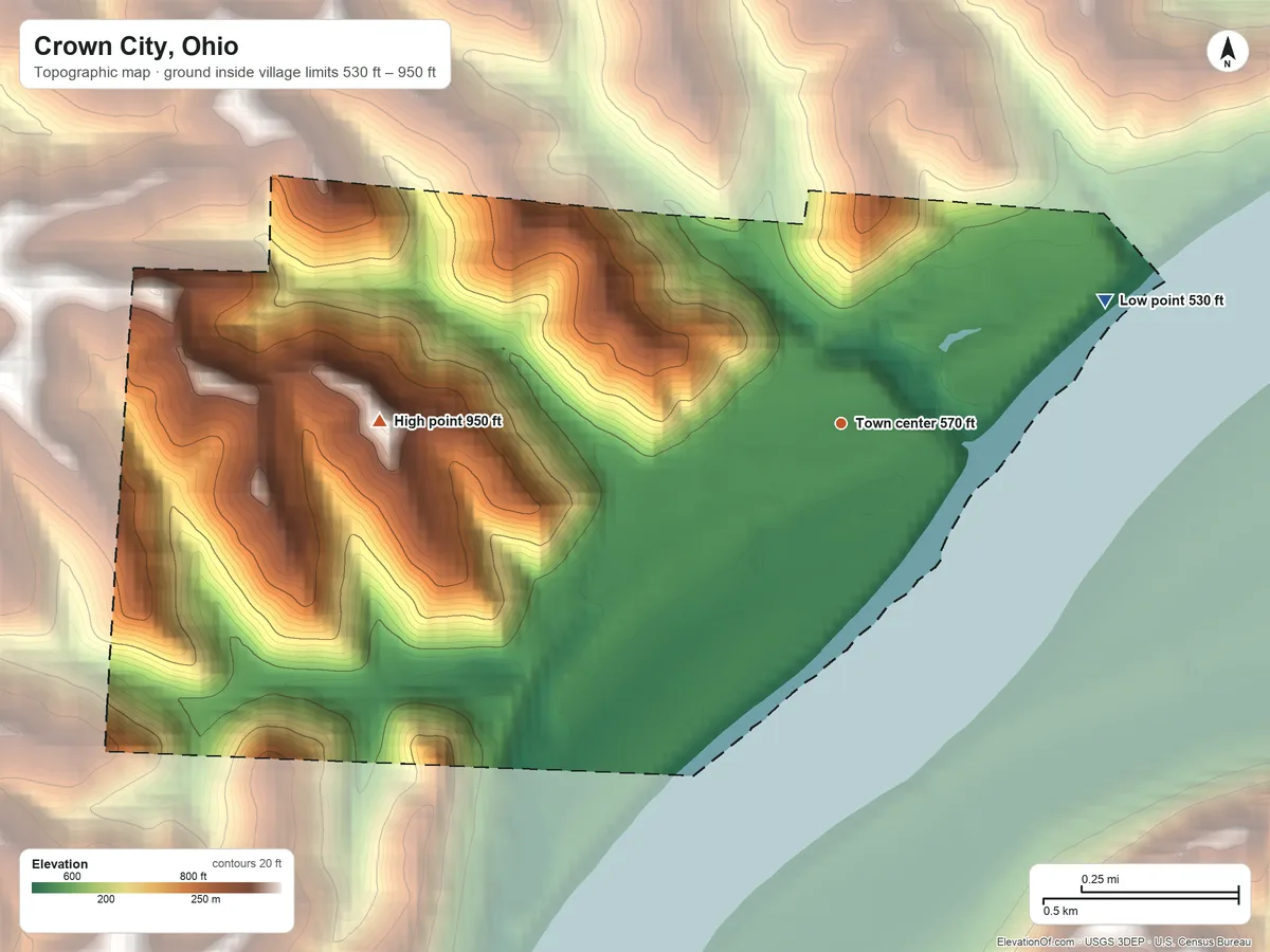 Topographic elevation map of Crown City, Ohio, shaded from 530 ft on the northeast side to 950 ft on the west side