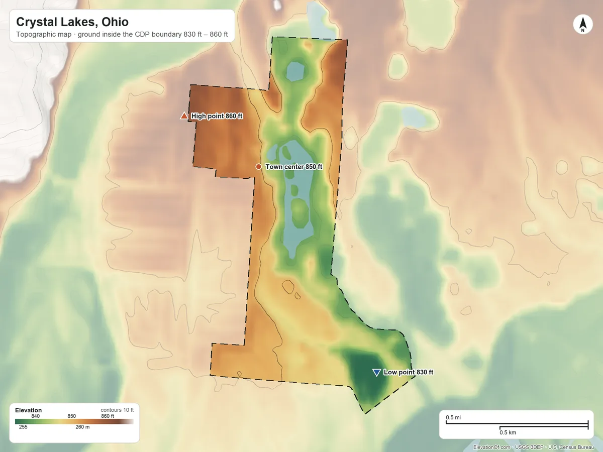 Topographic elevation map of Crystal Lakes, Ohio, shaded from 830 ft on the southeast side to 860 ft on the northwest side