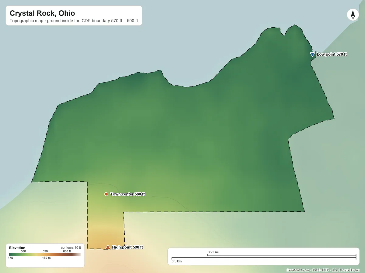 Topographic elevation map of Crystal Rock, Ohio, shaded from 570 ft on the northeast side to 590 ft on the south side