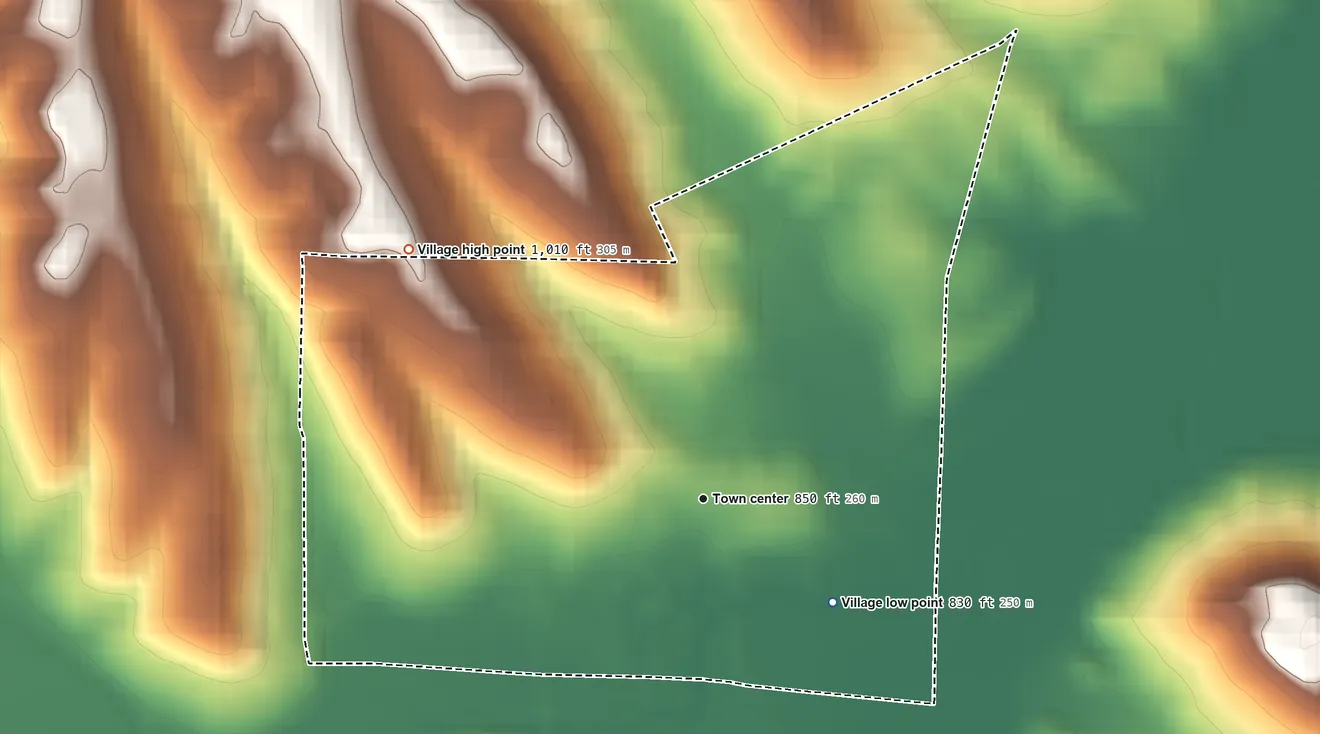 Topographic elevation map of Cumberland, Ohio, shaded from 830 ft on the southeast side to 1,010 ft on the northwest side