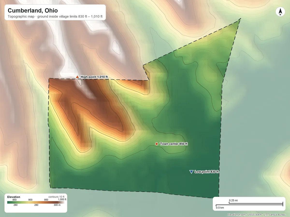 Topographic elevation map of Cumberland, Ohio, shaded from 830 ft on the southeast side to 1,010 ft on the northwest side