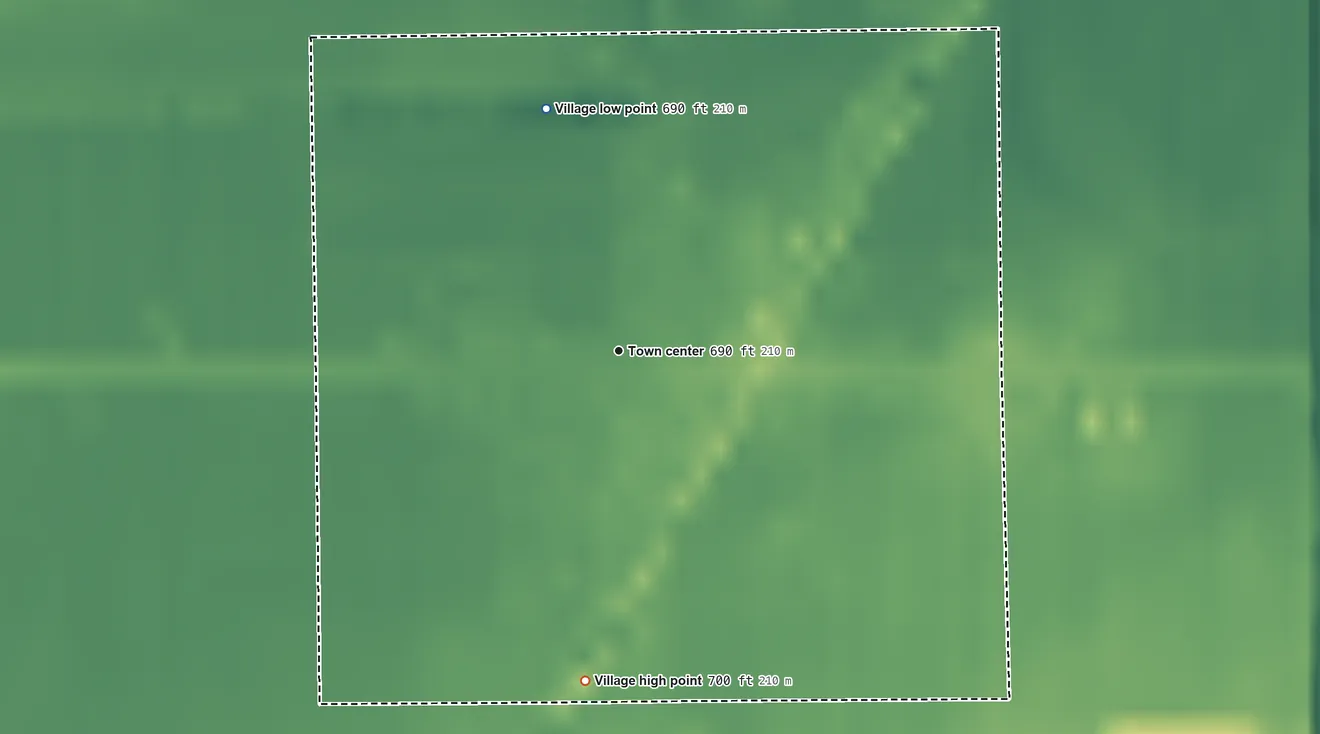 Topographic elevation map of Custar, Ohio, shaded from 690 ft on the north side to 700 ft on the south side