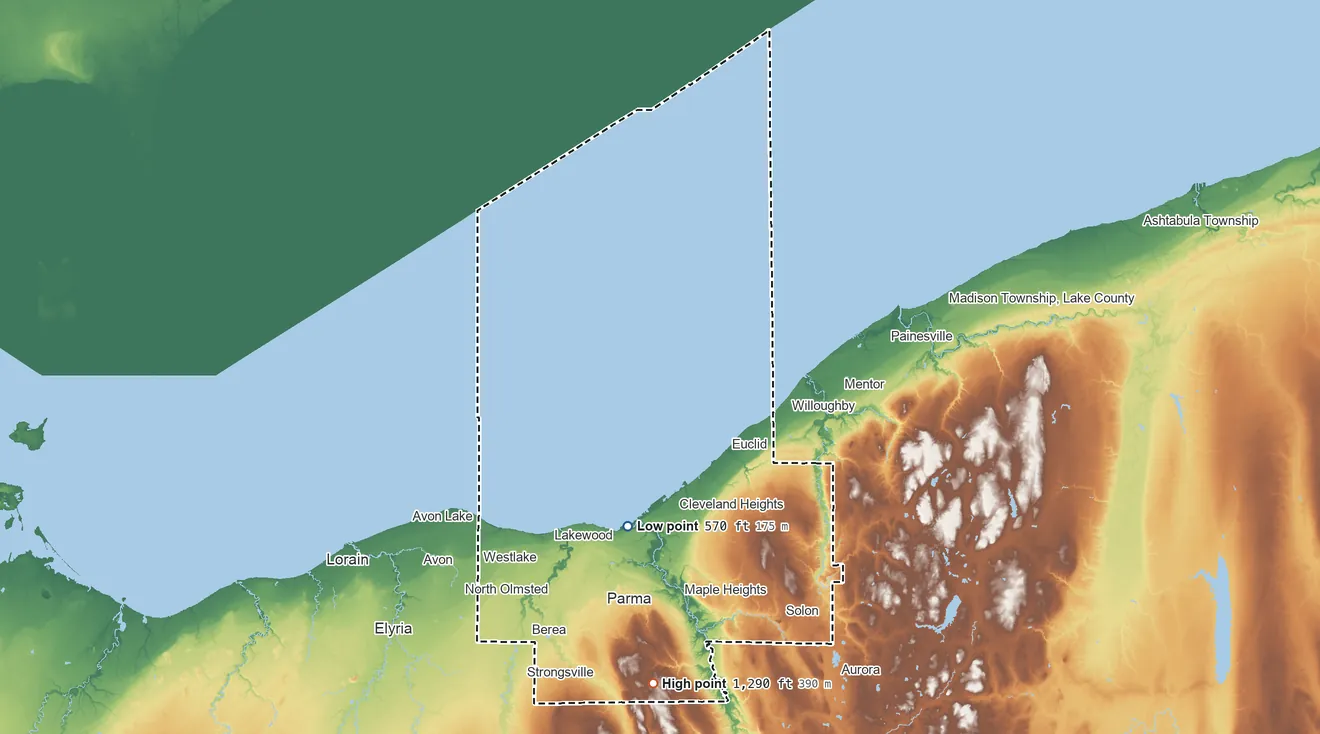 Topographic elevation map of Cuyahoga County, Ohio, shaded from 570 ft on the south side to 1,290 ft on the south side