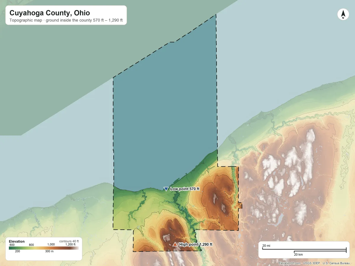 Topographic elevation map of Cuyahoga County, Ohio, shaded from 570 ft on the south side to 1,290 ft on the south side
