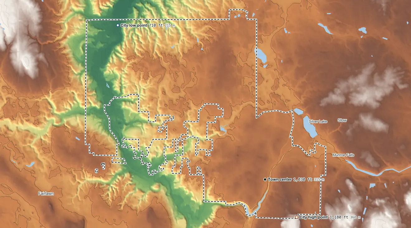 Topographic elevation map of Cuyahoga Falls, Ohio, shaded from 710 ft on the northwest side to 1,180 ft on the southeast side