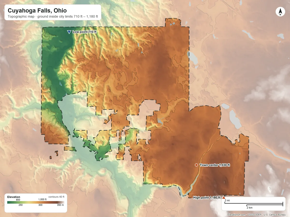 Topographic elevation map of Cuyahoga Falls, Ohio, shaded from 710 ft on the northwest side to 1,180 ft on the southeast side