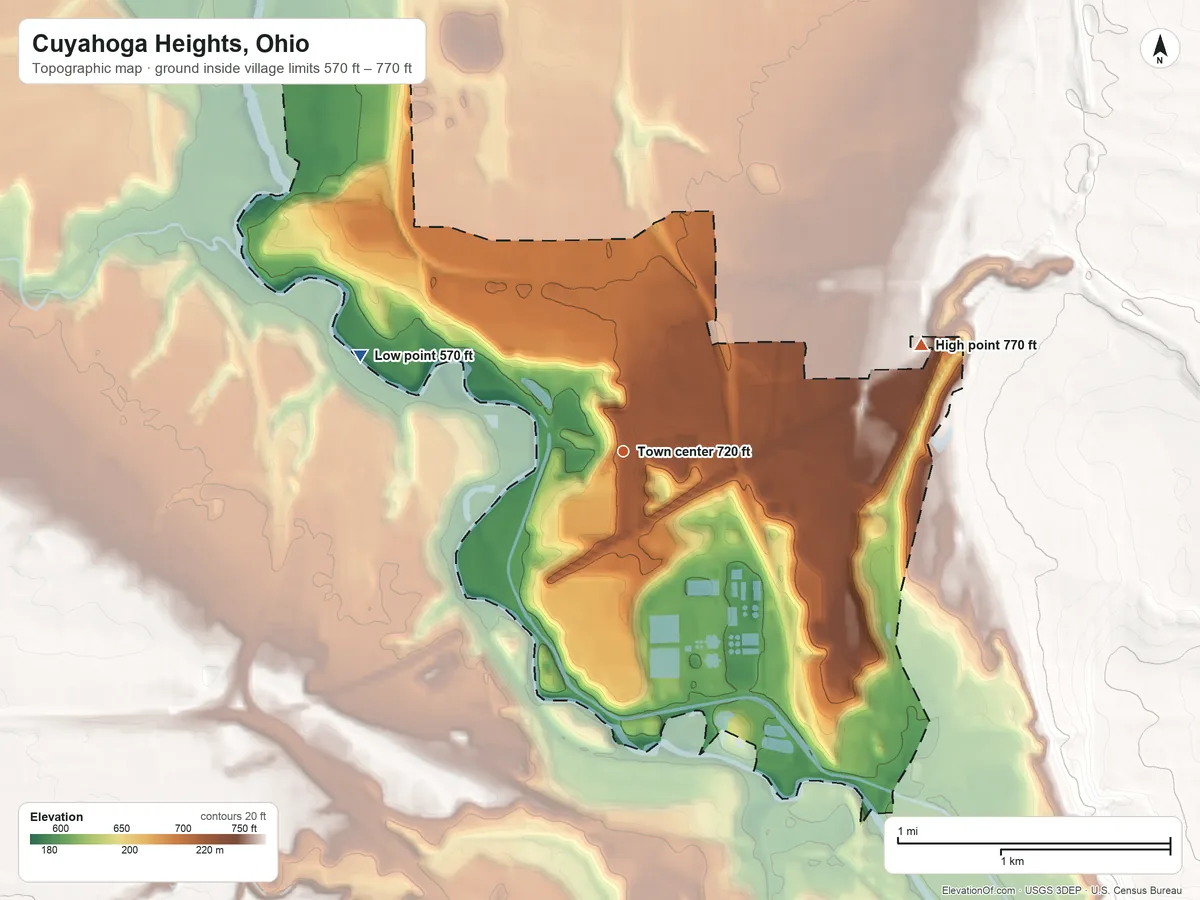 Topographic elevation map of Cuyahoga Heights, Ohio, shaded from 570 ft on the west side to 770 ft on the east side