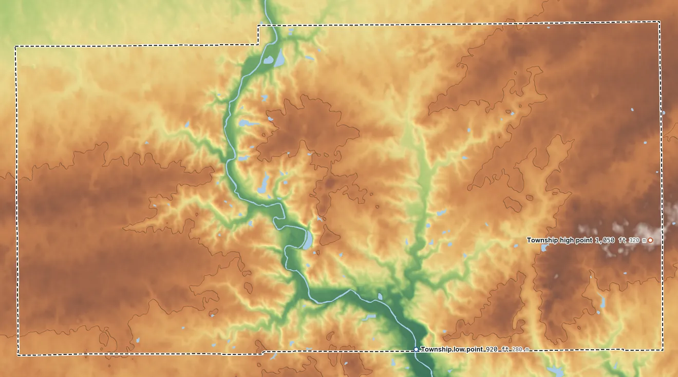 Topographic elevation map of Cynthian Township, Ohio, shaded from 920 ft on the south side to 1,050 ft on the east side