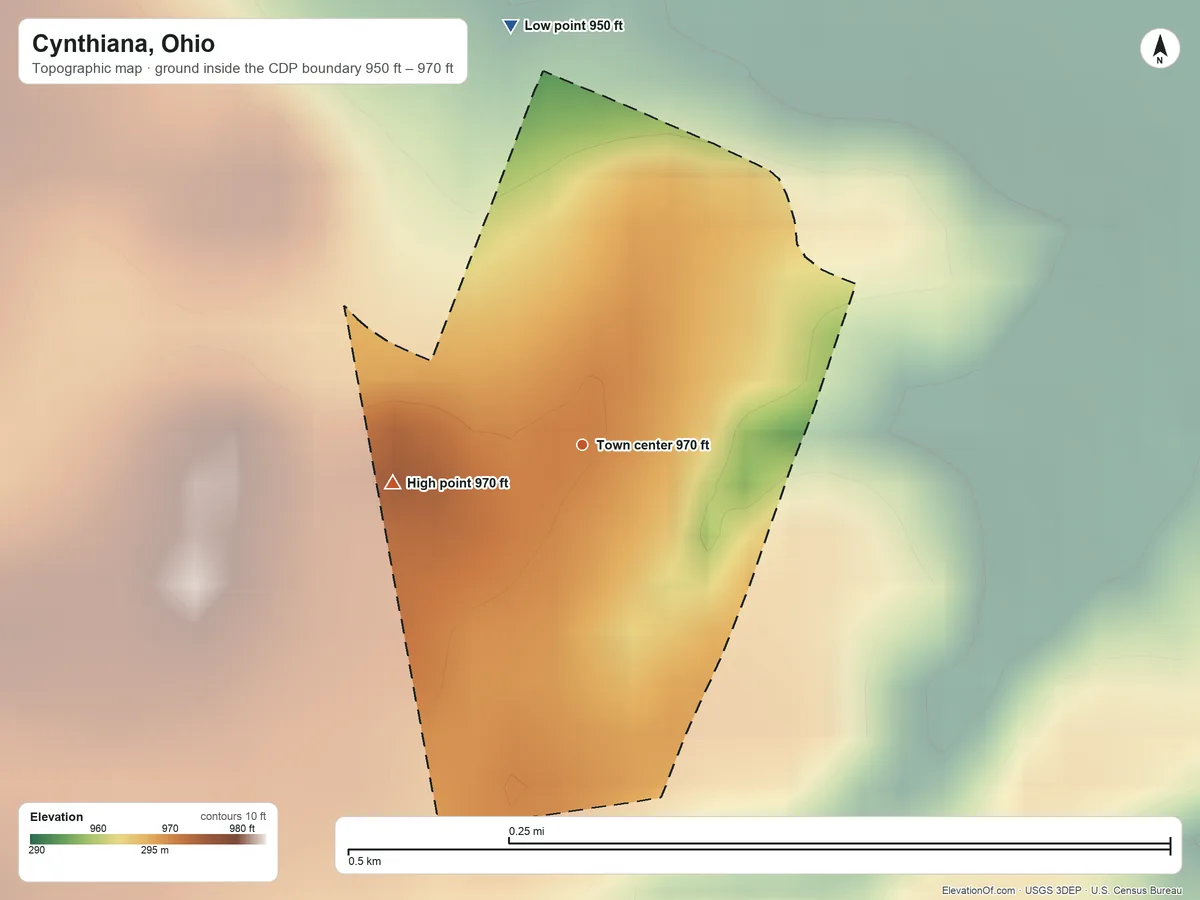 Topographic elevation map of Cynthiana, Ohio, shaded from 950 ft on the north side to 970 ft on the west side