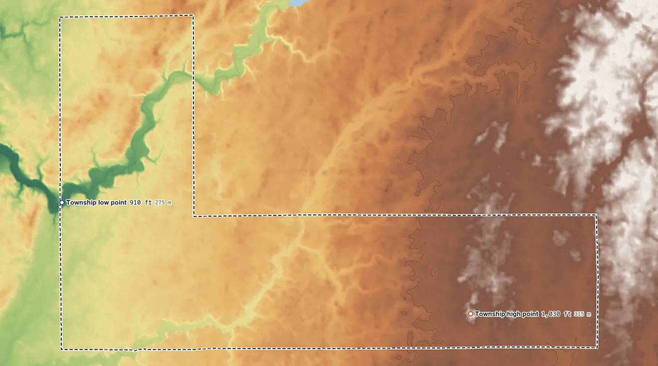 Topographic elevation map of Dallas Township, Ohio, shaded from 910 ft on the west side to 1,030 ft on the east side