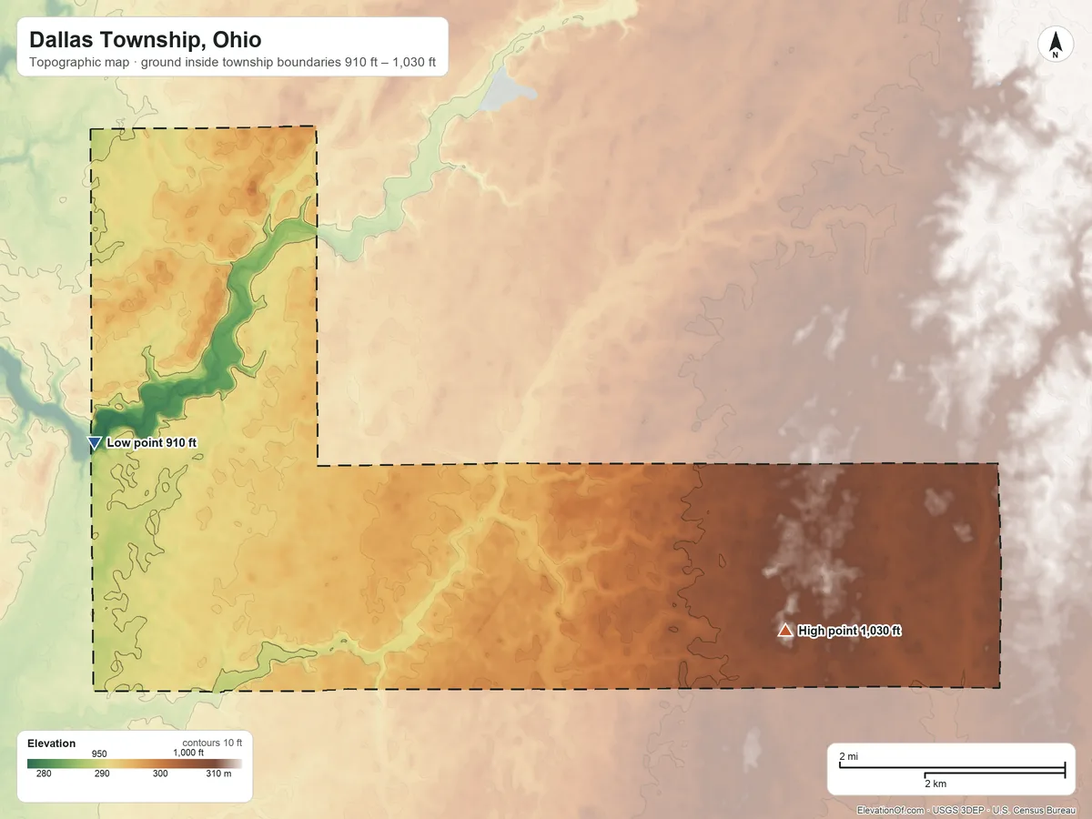 Topographic elevation map of Dallas Township, Ohio, shaded from 910 ft on the west side to 1,030 ft on the east side