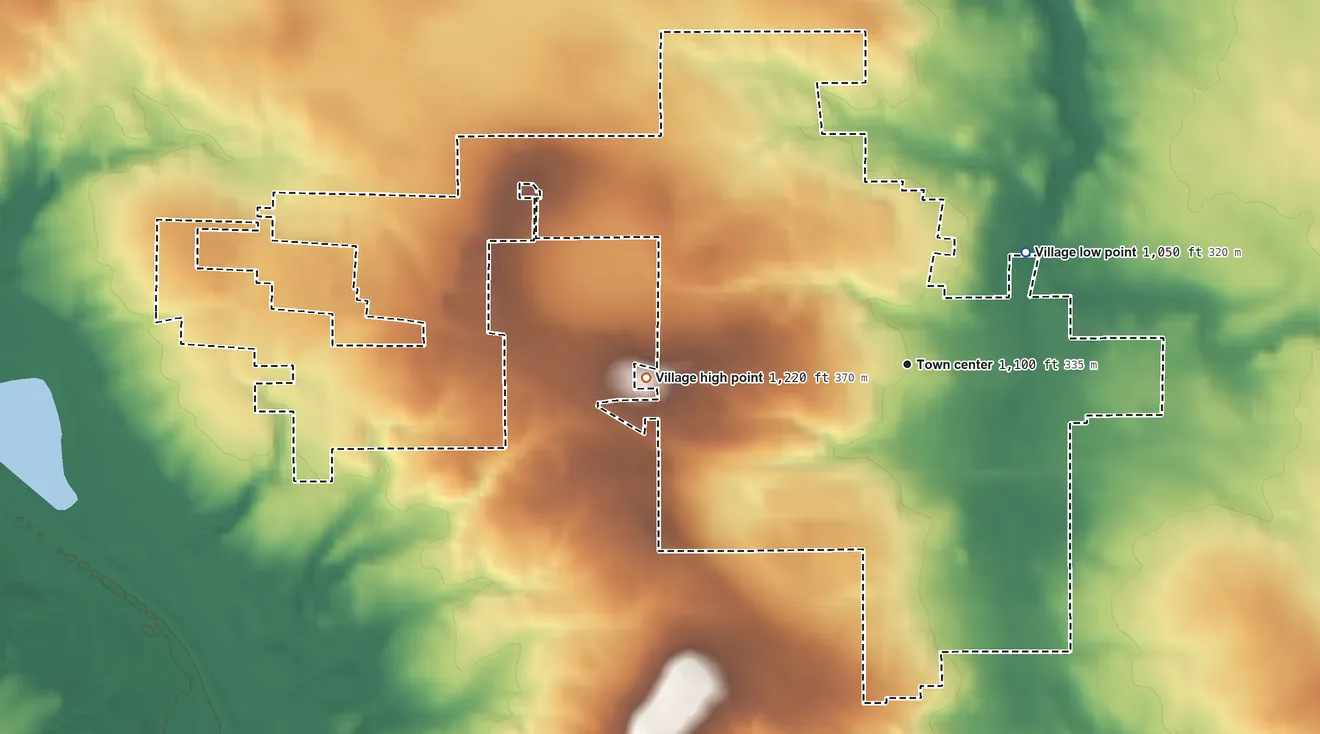 Topographic elevation map of Dalton, Ohio, shaded from 1,050 ft on the northeast side to 1,220 ft on the west side