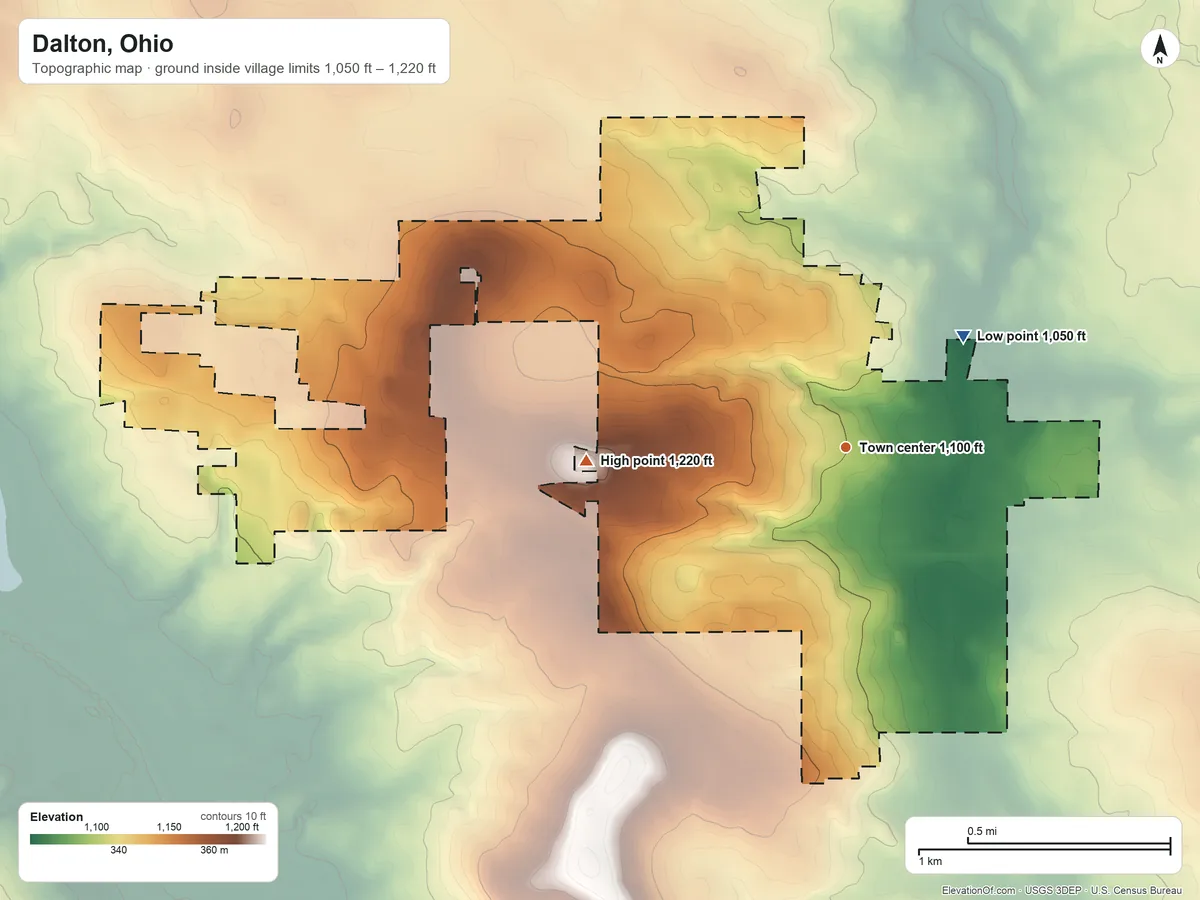 Topographic elevation map of Dalton, Ohio, shaded from 1,050 ft on the northeast side to 1,220 ft on the west side
